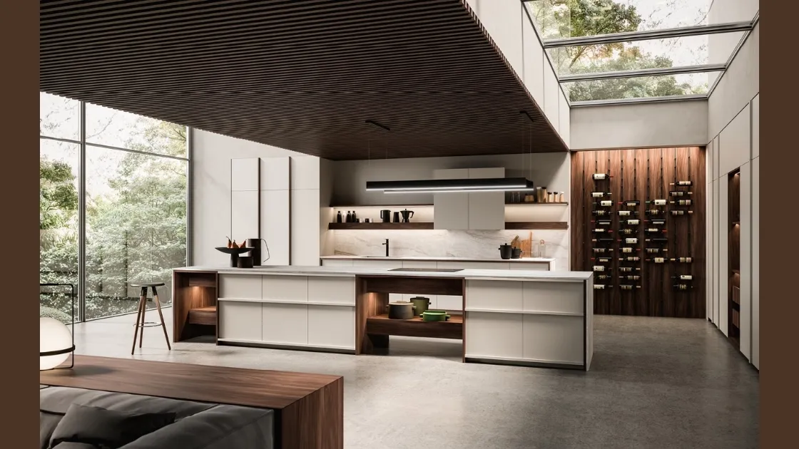 Cucina Design in laccato ecru e noce con isola KTable di Maistri