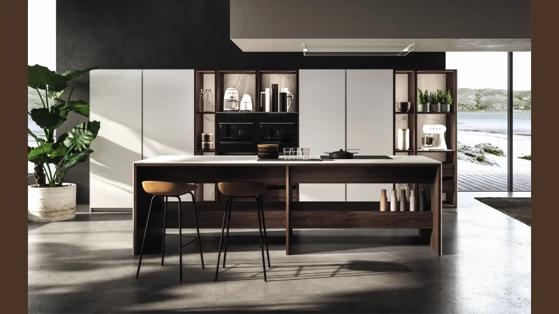 Cucina Design con isola KTable in laccato bianco e melaminico di Maistri