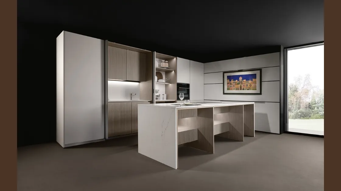 Cucina Design con isola KTable in legno di frassino e bianco fenix di Maistri